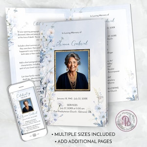 May include: A blue and white floral funeral program template with a photo of a woman and the text "In Loving Memory of Ariana Gabriel". The program includes the dates of birth and death, service information, and a section for additional pages.