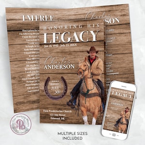 Rustic Cowboy Funeral Program Template, Printable Horse Rider Memorial Service Pamphlet, Editable Obituary Magazine Booklet, QFP 21279