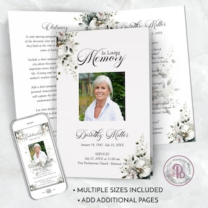 May include: A white and gray floral funeral program with a photo of a woman and the text "In Loving Memory" and "Dorothy Miller". The program includes the dates of birth and death, service information, and a list of family members.
