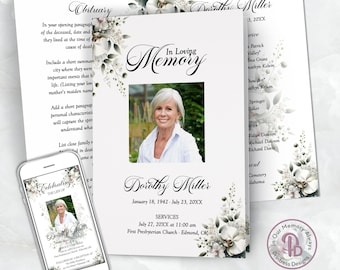 White Orchids Funeral Program Template, Floral Memorial Service Brochure, Celebration of Life Obituary Pamphlet, QFP 21589