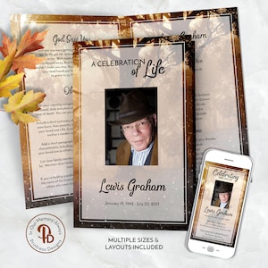May include: A brown and white memorial service program with a photo of a man in a hat. The program is titled "A Celebration of Life" and includes the name "Lewis Graham" with dates January 18, 1942 - July 23, 2017. The program also includes the text "God Saw You" and "In Our Memory Always".