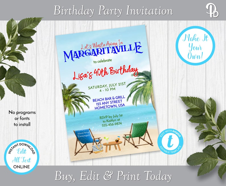 Margaritaville Birthday Party Invitation Template Tropical Etsy Canada