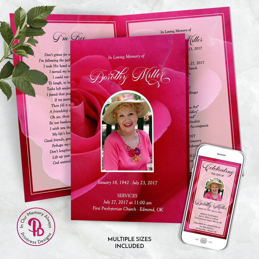 Deep Pink Rose Funeral Program Template, Celebration of Life Memorial ...