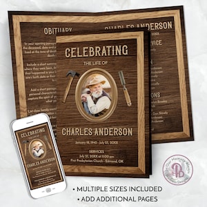 May include: A brown wooden memorial card with a photo of a man in a hat and a wood-themed design. The card includes the text "Celebrating the Life of Charles Anderson" and the dates "January 18, 1942 - July 23, 20XX".