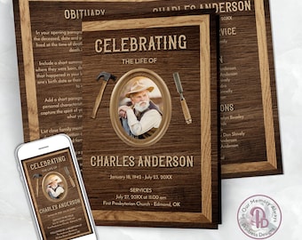 Carpenter’s Funeral Program Template, Wood Frame Memorial Service Booklet, Woodworker's Celebration of Life Obituary Pamphlet, QFP 21297