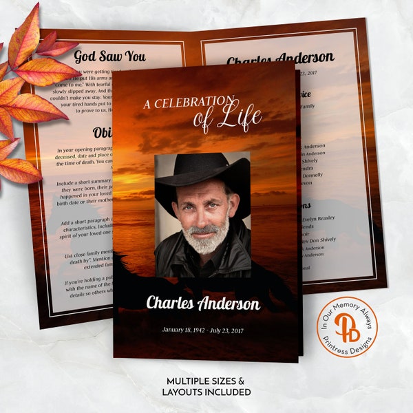 Horses at Sunset Funeral Program, Obituary Template, Celebration of Life Program, Printable Memorial Service, Editable Templett QFP 21171