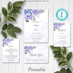 Purple & Blue Floral Wedding Invitation Suite, Spring Wedding Invite, Printable Wedding Template, Edit in Templett, ZWA 17262 F102