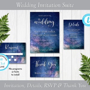 Celestial Night Wedding Invitation Suite, Starry Night Wedding Invite, Printable Invitation Template, Edit in Templett, ZWA 17259