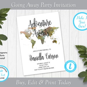 World Map Going Away Party Invitation, Moving Party Invitation, Bon Voyage Party Invite, Edit in Templett, ZGA 22002