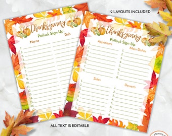 Pumpkins & Leaves Thanksgiving or Friendsgiving Potluck Sign-up Sheet, Potluck Invite, Two Layouts Included ZHLPLS 20078