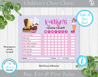 Sweet Treat Children's Chore Chart, Editable Reward Chart, Printable Kid's Chore Chart, Edit in Templett, ZCC 25006 C106