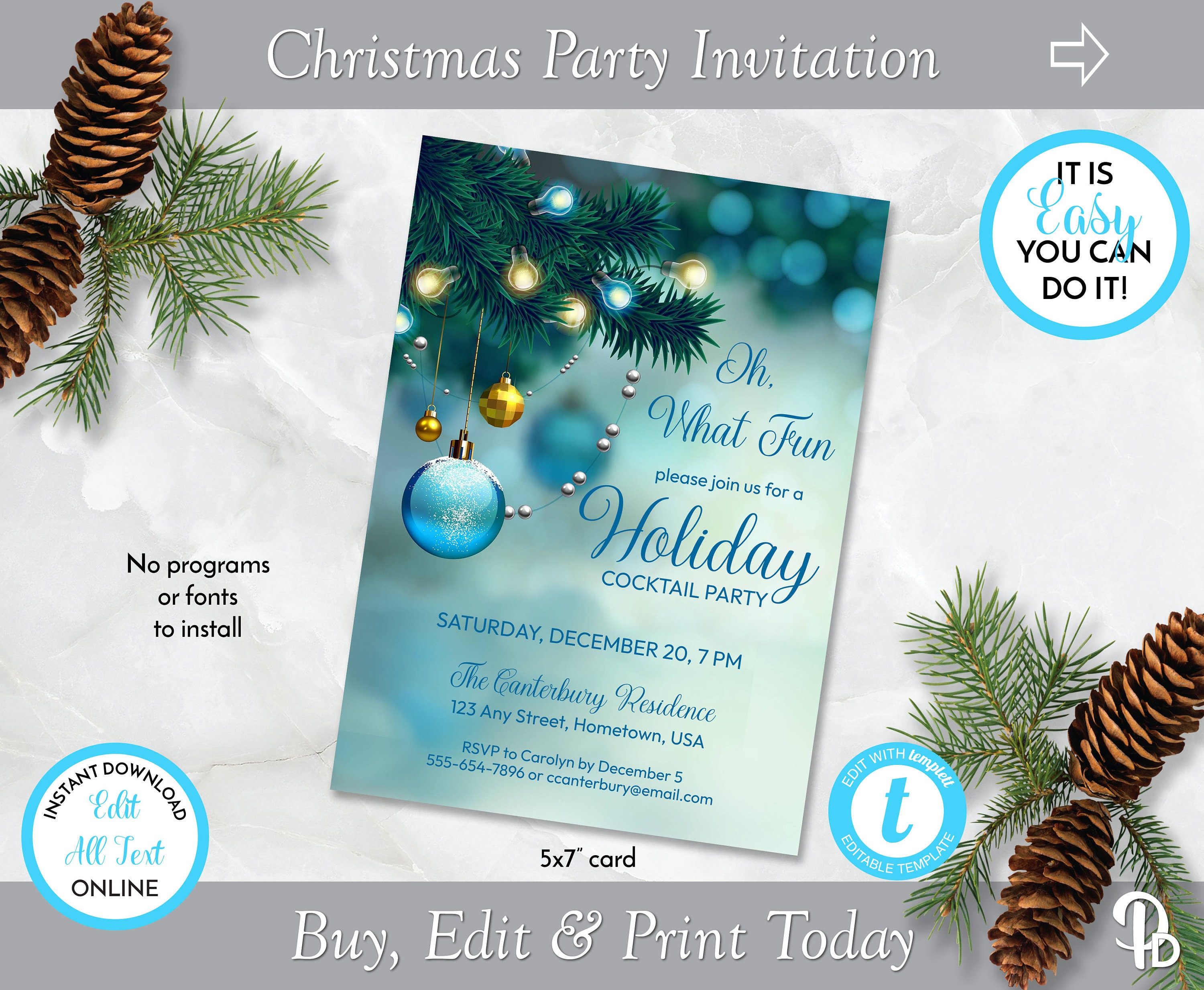Oh What Fun Christmas Party Invitation, Holiday Invitation, Christmas  Dinner Invite, Printable Invite, Edit in Templett ZHL 20173 - Etsy, image size:3000x2467