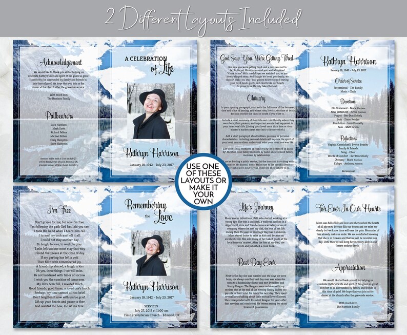 Mountain Lake Funeral Program, Obituary Template, Celebration of Life