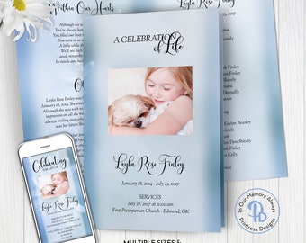 May include: A blue and white memorial service program with a photo of a young girl holding a small dog. The program includes the name "Layla Rose Finley" and the dates "January 18, 2014 - July 23, 2017". The text "A Celebration of Life" is printed in a decorative font.