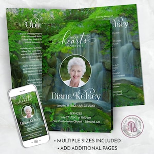 May include: A memorial service program with a waterfall background and a photo of Diane Kelsey. The program includes the dates January 18, 1942 - July 23, 20XX, and service details. A smartphone displays the program design.