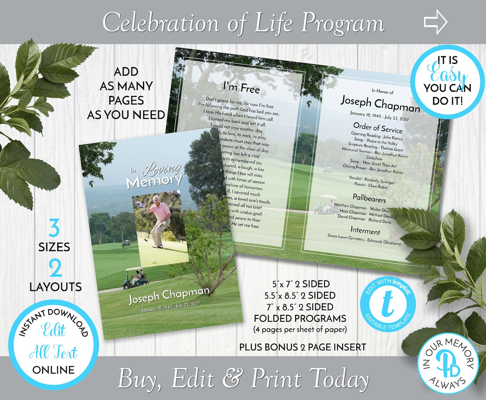 Golfer's Funeral Program Template Obituary Order of Etsy