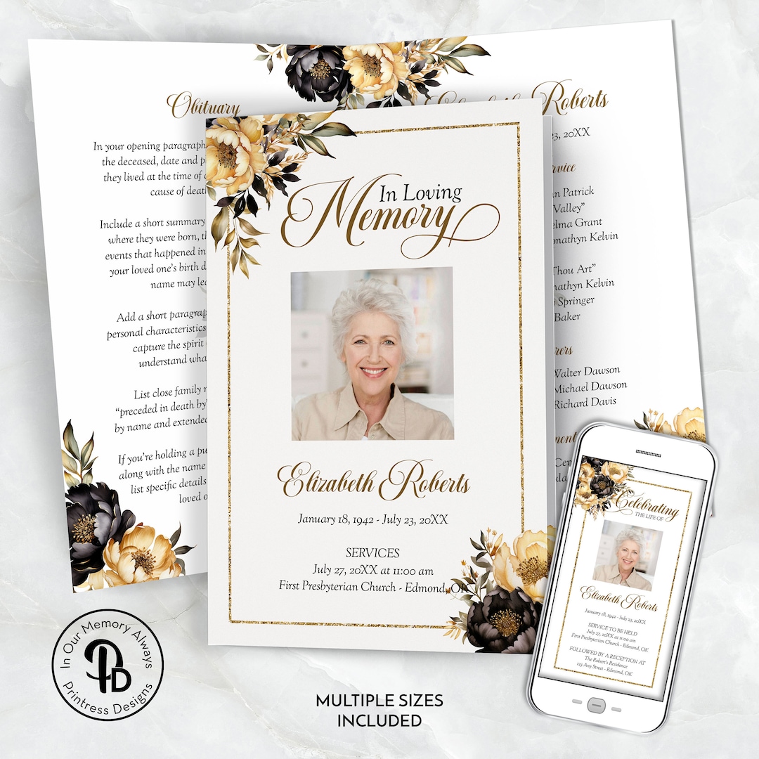 Black and Gold Floral Funeral Program Template, Obituary Template ...