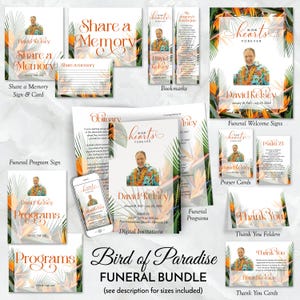 May include: A collection of funeral stationery items with a tropical bird of paradise theme. The bundle includes programs, invitations, thank you cards, and memorial cards. The design features a photo of David Kelsey, with orange and green floral accents.