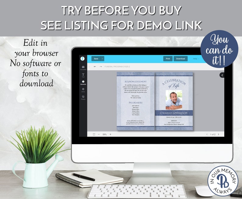 Classic Blue Funeral Program Template Obituaryorder of Etsy