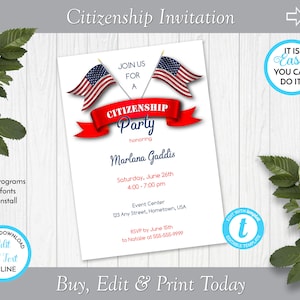 Citizenship Party Invitation, Citizenship Celebration, Naturalization Celebration, Edit in Templett, ZSS 19002