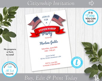 Citizenship Party Invitation, Citizenship Celebration, Naturalization Celebration, Edit in Templett, ZSS 19002