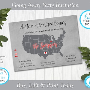 United States Map Going Away Party Invitation, Moving Party Invitation, Bon Voyage Party Invite, Edit in Templett, ZGA 22001