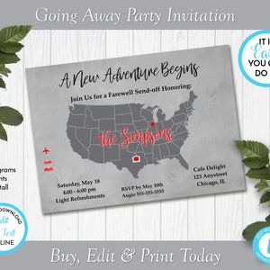 United States Map Going Away Party Invitation, Moving Party Invitation, Bon Voyage Party Invite, Edit in Templett, ZGA 22001