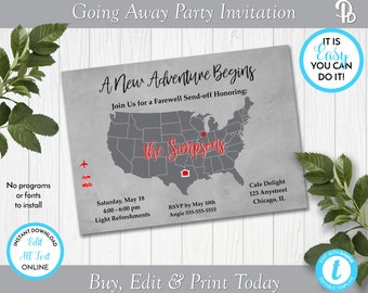 United States Map Going Away Party Invitation, Moving Party Invitation, Bon Voyage Party Invite, Edit in Templett, ZGA 22001