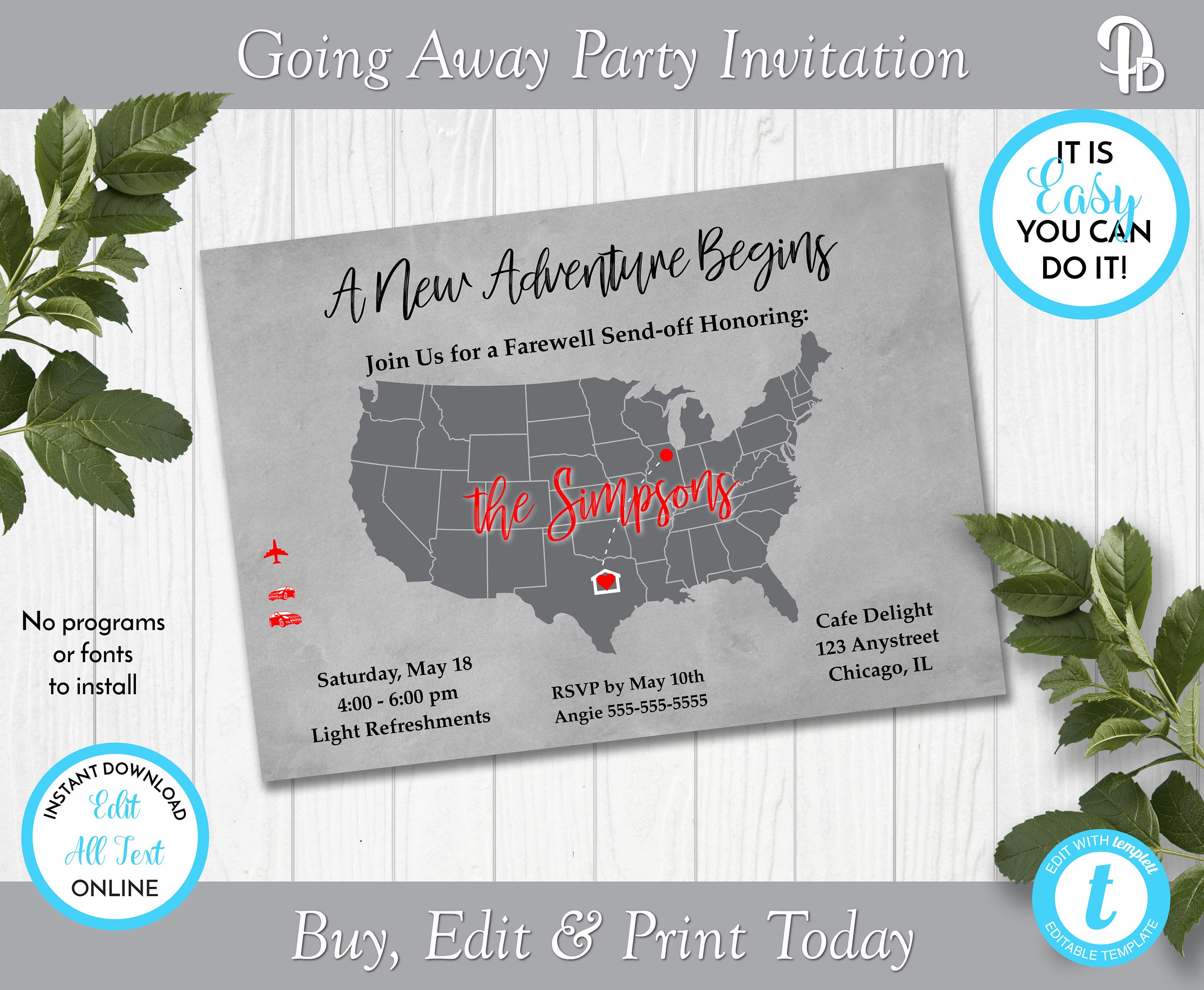 United States Map Going Away Party Invitation Moving Party