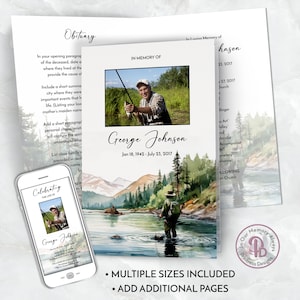 Modèle de programme de funérailles Stream Fishing, brochure de service commémoratif de pêcheur, brochure de nécrologie de célébration de la vie au coucher du soleil, QFP 21586