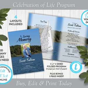 Modèle de programme de funérailles de Voile sur le lac, nécrologie/modèle d&#39;ordre de service, service commémoratif imprimable, édition à Templett, ZFP 21086