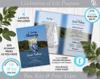 Sailing on the Lake Funeral Program Template, Obituary/Order of Service Template, Printable Memorial Service, Edit in Templett, ZFP 21086