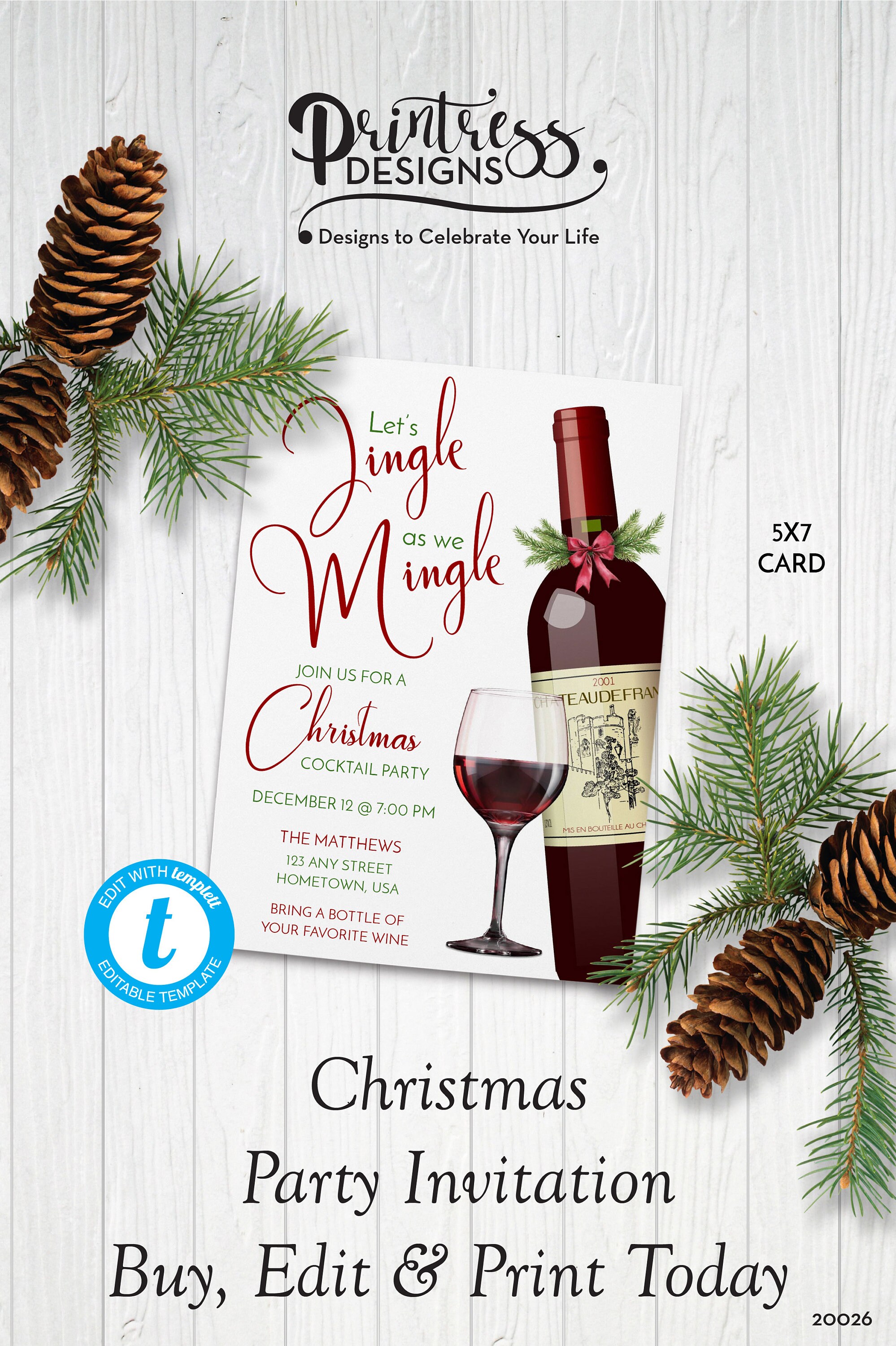 Jingle and Mingle Christmas Party Invitation, Holiday Invitation, Printable Invite, Edit in Templett, ZHL 20026