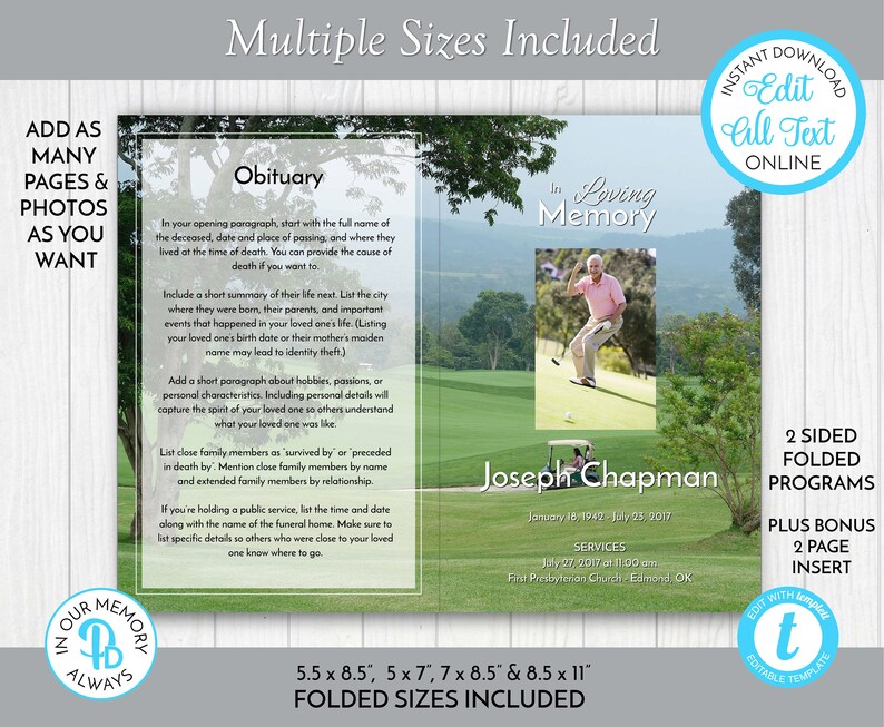 Golfer's Funeral Program Template Obituary Order of Etsy