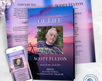 Twilight Boat Funeral Program Template, Obituary Program, Celebration of Life Memorial Service, Order of Service Template, ZFP 21067