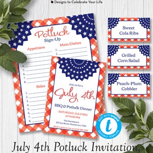 May include: Printable July 4th potluck invitation template with red, white, and blue stars and gingham pattern. The template includes a sign-up sheet for appetizers, main dishes, and sides. It also includes a food tent for sweet cola ribs, grilled corn salad, and peach-plum cobbler. The text on the template reads "Join us for a July 4th BBQ & Potluck Dinner Saturday, July 4th at 4:00 PM The Danielson's 123 Any Street, Hometown, USA RSVP to Kelly by Dec 1st @ 555-888-9999"