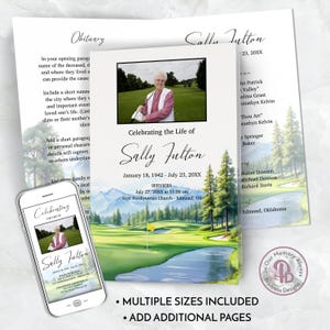 May include: A memorial card with a golf course scene and a photo of a woman holding a golf club. The text "Celebrating the Life of Sally Fulton" is at the top of the card. The card also includes the dates January 18, 1942 - July 23, 20XX and the text "Services July 27, 20XX at 11:00 am First Presbyterian Church - Edmond, OK".
