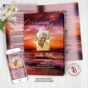 May include: A funeral programme template featuring a sunset backdrop and a photograph of a woman. The programme includes the deceased's name, dates, and service details. The text "A Celebration of Life" is at the top of the programme.
