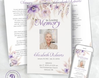 May include: A tri-fold funeral program template with a floral design in shades of purple and white. The program includes the deceased's name, dates of birth and death, a photo, and information about the funeral service. The text "In Loving Memory" is printed in a purple font.