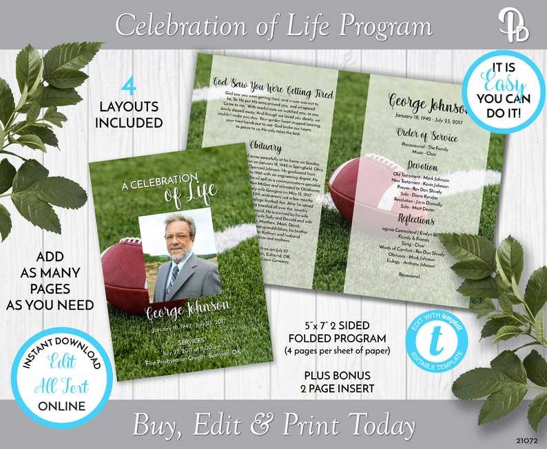 Football Fan Funeral Program Template Obituary/Order of Etsy