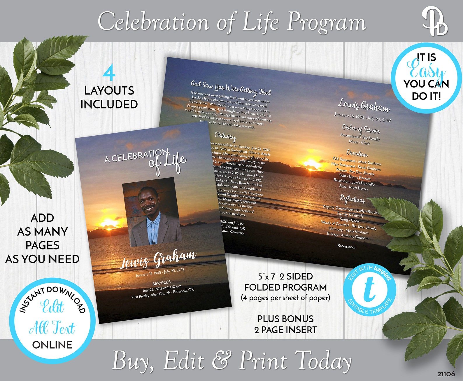 Beach Sunset Funeral Program Template Obituaryorder Of Etsy