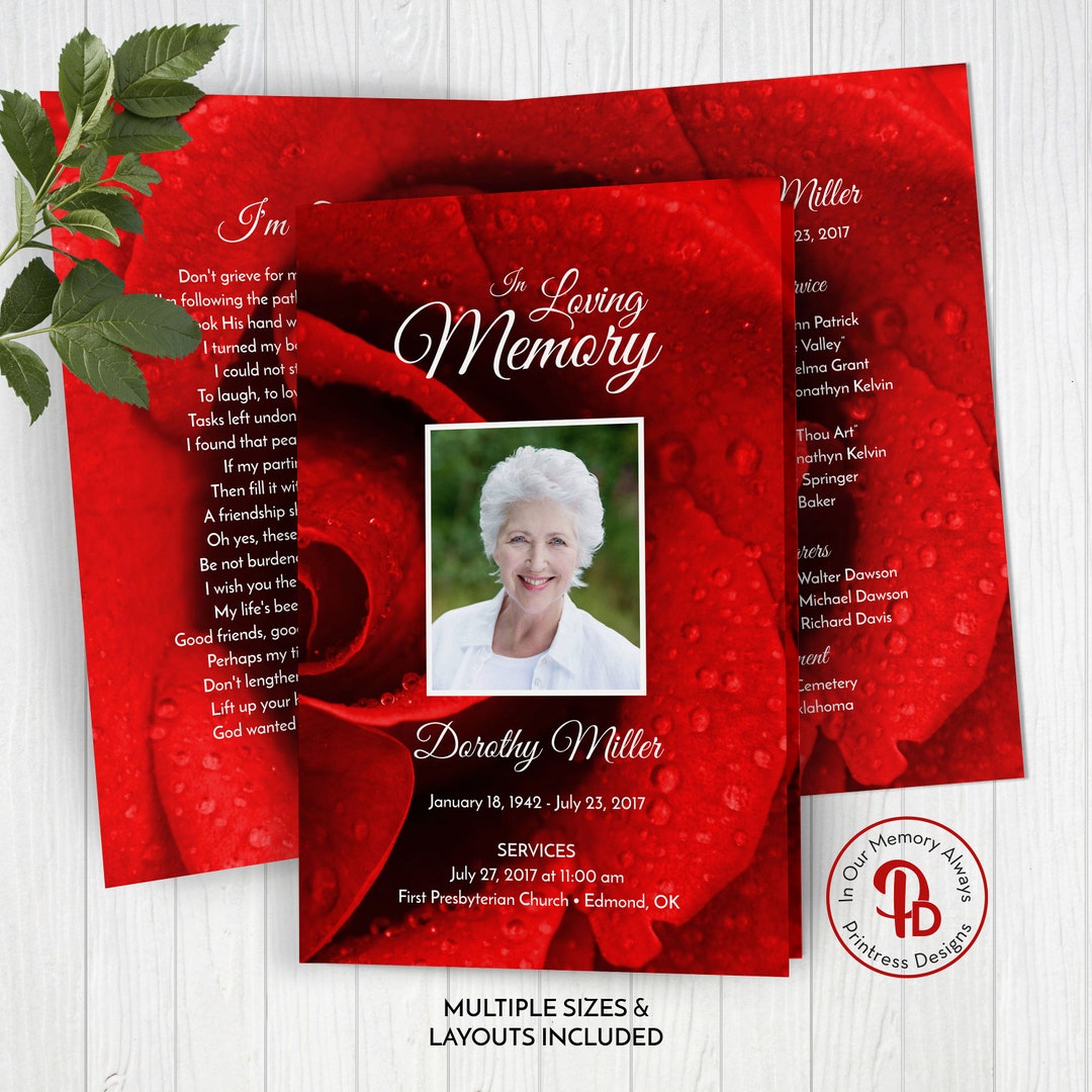 Red Rose Funeral Program Template, Obituary/order of Service Template, Printable Memorial ...