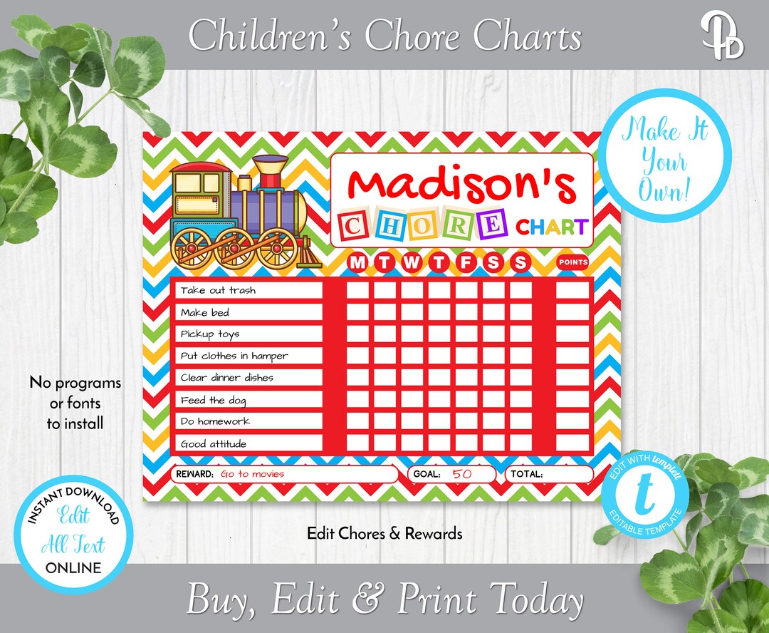Children's Train Chore Chart, Editable Reward Chart, Printable Kid's ...