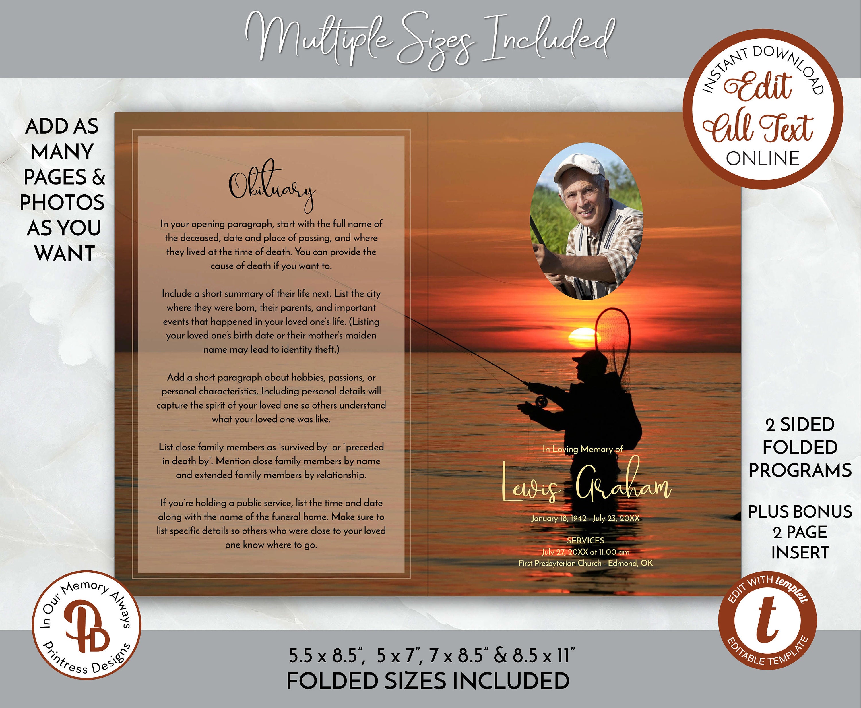 Fish Funeral Program Design Sunset Fishing Funeral Program for Fisherman, Obituary Template ...