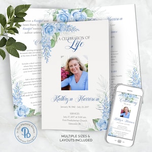 Blue Roses and Wisteria Funeral Program, Obituary Template, Celebration of Life Program, Memorial Service, Editable Templett QFP 21557