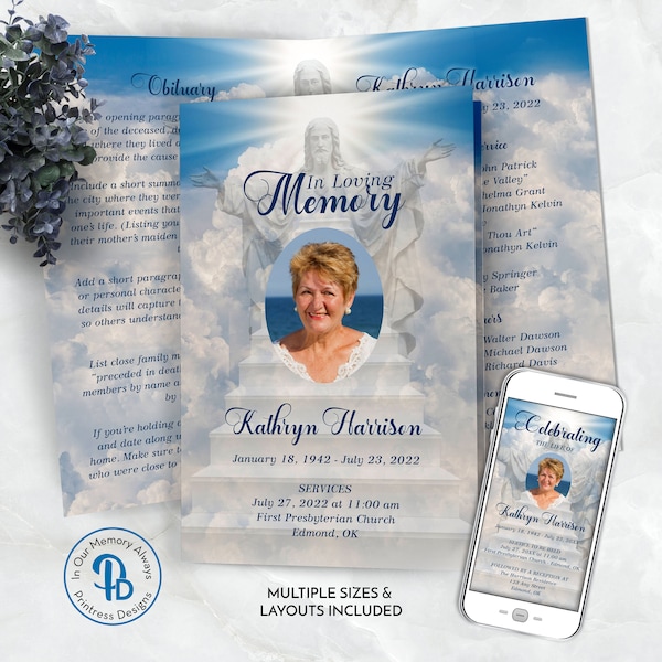 Stairway to Heaven Funeral Program, Obituary Template, Celebration of Life Program, Printable Memorial Service, Editable, Templett QFP 21209