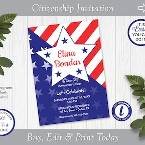 Star US Citizenship Party Invitation Template, American Citizenship Celebration, Naturalization Celebration, Edit in Templett, ZSS 19010