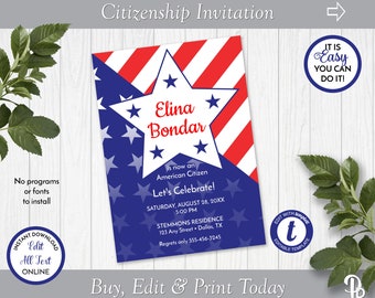 Star US Citizenship Party Invitation Template, American Citizenship Celebration, Naturalization Celebration, Edit in Templett, ZSS 19010