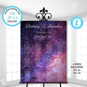 Celestial Night Wedding Seating Chart and Placecards, Wedding Seating Plan, Editable and Printable Template, Edit in Templett ZWSC 17289