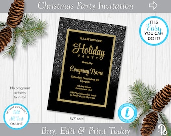 May include: Black and gold 5x7 inch holiday party invitation with glitter background. The invitation says "Please join our Holiday Party" and includes the text "Hosted by Company Name".